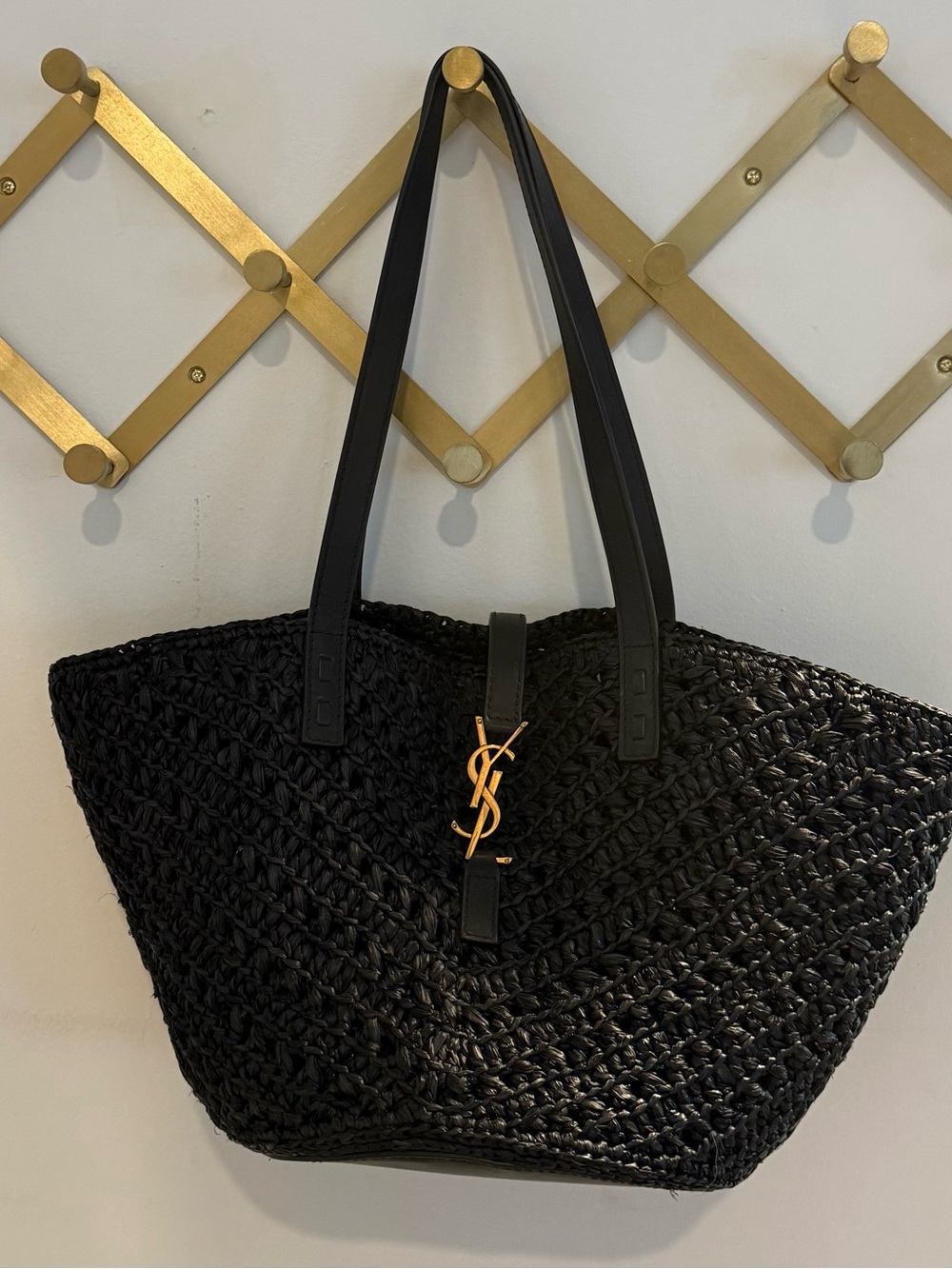 Saint Laurent Panier Small Black Raffia Tote with Gold YSL Emblem